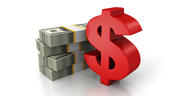 red dollar sign and bundle of money paper currency